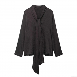 Women's Elegant Tie Neck Long Sleeve Blouse Casual Crinkled Texture Polyester Shirt Top For Office Dating Party Solid Color Minimalist Aesthetic Loose Fit Tunic