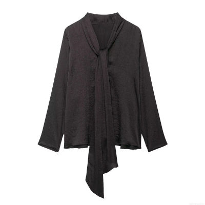 Women's Elegant Tie Neck Long Sleeve Blouse Casual Crinkled Texture Polyester Shirt Top For Office Dating Party Solid Color Minimalist Aesthetic Loose Fit Tunic