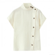 Women's Casual Loose Stand Collar Button-Down Shirt Polyester Spandex Linen-Like Texture Crinkled Fabric Long Sleeve Solid Color Japanese Korean Style Simple Elegant For Daily Office Ladies