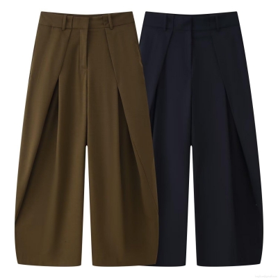 Women Fashion High Waist Pleated Wide Leg Trousers Casual Loose Straight Leg Full Length Pants For Office Daily Streetwear Lady Elegant Solid Color Polyester Bottoms
