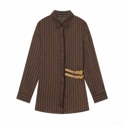 Women's Long Sleeve Vertical Striped Shirt Chic Casual Cotton Nylon Blend Blouse With Side Buckle Details Button Down Lapel Top