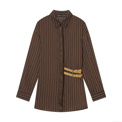 Women's Long Sleeve Vertical Striped Shirt Chic Casual Cotton Nylon Blend Blouse With Side Buckle Details Button Down Lapel Top