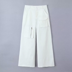 Women White Cargo Pants Low Waist Wide Leg Multi Pocket Casual Trousers Streetwear Fashion Cotton Blend Straight Leg Bottoms
