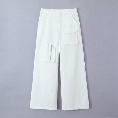 Women White Cargo Pants Low Waist Wide Leg Multi Pocket Casual Trousers Streetwear Fashion Cotton Blend Straight Leg Bottoms