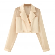 Women's Elegant Short Satin Blazer Jacket With Sheer Mesh Splicing Long Sleeve Double Breasted Gold Buttons Slim Fit Office Lady Outwear