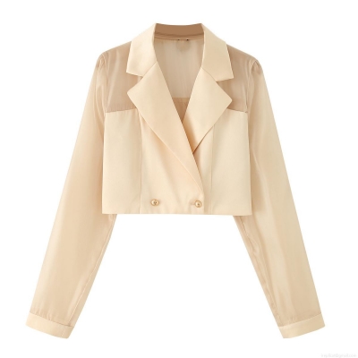 Women's Elegant Short Satin Blazer Jacket With Sheer Mesh Splicing Long Sleeve Double Breasted Gold Buttons Slim Fit Office Lady Outwear