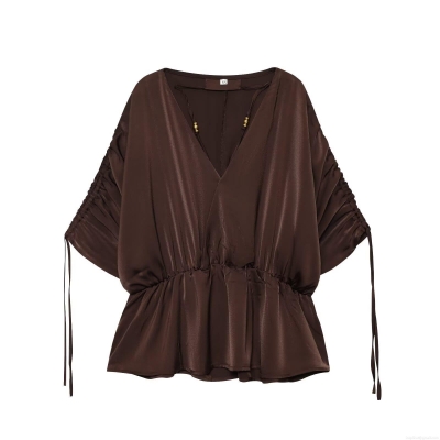 Women's Elegant Satin V-Neck Blouse Ruched Drawstring Short Batwing Sleeve Slim Fit Polyester Spandex Top For Office Party Daily Casual