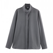 Women Stand Collar Shirt Long Sleeve Casual Loose Solid Color Polyester Spandex Blouse Autumn Minimalist Fashion Office Lady Top