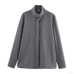 Women Stand Collar Shirt Long Sleeve Casual Loose Solid Color Polyester Spandex Blouse Autumn Minimalist Fashion Office Lady Top