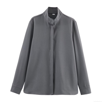 Women Stand Collar Shirt Long Sleeve Casual Loose Solid Color Polyester Spandex Blouse Autumn Minimalist Fashion Office Lady Top