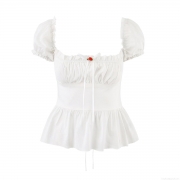 Women's Milkmaid Crop Top Square Neck Puff Sleeve Ruffle Hem Polyester Blouse With Rose Embroidery Lace-Up Back Sweet French Style Shirt For Women