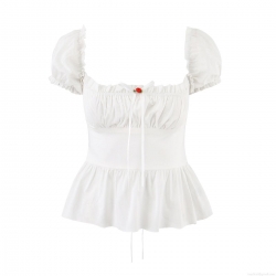 Women's Milkmaid Crop Top Square Neck Puff Sleeve Ruffle Hem Polyester Blouse With Rose Embroidery Lace-Up Back Sweet French Style Shirt For Women