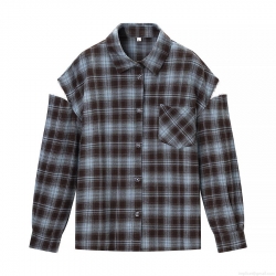 Women's Fashion Polyester Plaid Shirt Casual Cut-out Shoulder Frayed Edge Button Down Long Sleeve Blouse Top For Daily Wear