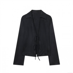 Women's Fashion Minimalist Black Tie-Front Suede Effect Long Sleeve Shirt Casual Polyester Spandex Blouse Top For Autumn Winter Lady