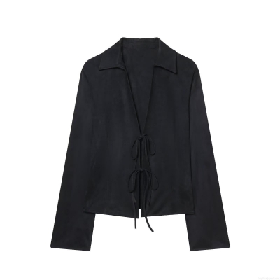 Women's Fashion Minimalist Black Tie-Front Suede Effect Long Sleeve Shirt Casual Polyester Spandex Blouse Top For Autumn Winter Lady
