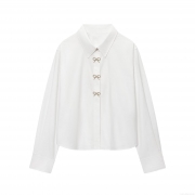 Elegant White Poplin Long Sleeve Blouse For Women With Rhinestone Bow Jewelry Buttons Office Commute Work Shirt Spring Autumn Fashion