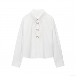 Elegant White Poplin Long Sleeve Blouse For Women With Rhinestone Bow Jewelry Buttons Office Commute Work Shirt Spring Autumn Fashion