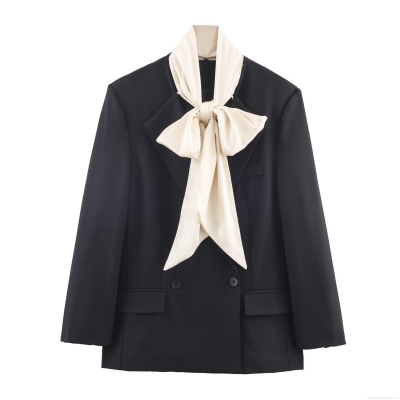 Women's Black Blazer Jacket With Cream Satin Bow Elegant Hepburn Style Contrast Scarf Collar Double Breasted Commuter Suit Jacket Office Party Outwear For Women