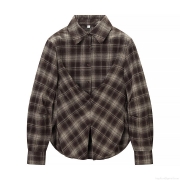 Women's Vintage Brown Plaid Long Sleeve Shirt Waist Narrowing Button Up Flannel Texture Blouse Casual Checkered Top For Ladies