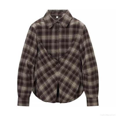 Women's Vintage Brown Plaid Long Sleeve Shirt Waist Narrowing Button Up Flannel Texture Blouse Casual Checkered Top For Ladies
