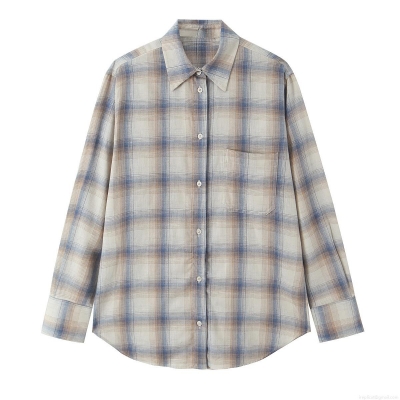 Women's Casual Plaid Long Sleeve Shirt Polyester Blend Button Down Blouse With Pocket Vintage Checkered Tops For Spring Autumn Office Streetwear