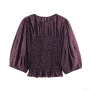Women's Fashion Polka Dot Blouse Polyester Balloon Sleeve Smocking Waist Ruffle Hem Top For Party Work Ladies Casual Shirt