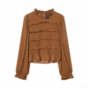 Women's Smocked Blouse Ruffle Trim Stand Collar Long Sleeve Cotton Blend Shirt Elegant Solid Color Slim Fit Pullover Top For Party Daily Dating