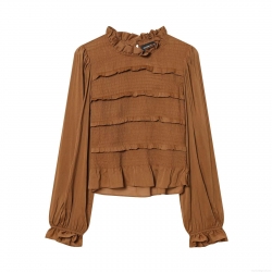 Women's Smocked Blouse Ruffle Trim Stand Collar Long Sleeve Cotton Blend Shirt Elegant Solid Color Slim Fit Pullover Top For Party Daily Dating