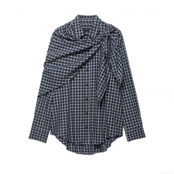 Women's Chic Plaid Long Sleeve Shirt With Asymmetric Tied Pleated Shawl Elegant Button Down Blouse For Office Daily Lady Tops