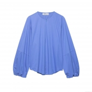 Women's Elegant Balloon Sleeve Woven Blouse Round Neck Pleated Back Zipper Long Sleeve Solid Color Top For Casual Office Wear