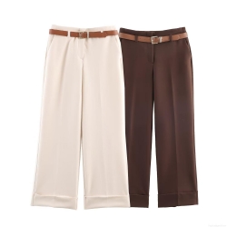 Women's High Waist Wide Leg Pants With Belt Fashion Cuffed Hem Straight Trousers Casual Office Commute Solid Color Polyester Pants For Women
