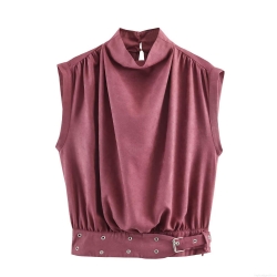 Women Sleeveless Mock Neck Faux Suede Top With Belted Waist Metal Buckle Elegant Solid Color Blouse For Party Daily Casual