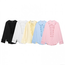 Women's Elegant Ruffle Trim Tie Neck Long Sleeve Blouse 100% Polyester Solid Color Casual Loose Shirt For Dating Party Daily Wear Lady Style Fashion Tops