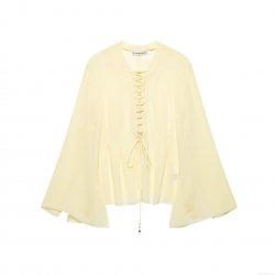 Women's Chiffon V-Neck Blouse With Lace-Up Front And Long Flare Sleeves Casual Sweet Solid Color Top Featuring Drawstring Hem With Gold Beads For Ladies