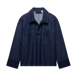 Women Deep Blue Denim Shirt Long Sleeve Pullover Blouse Casual Loose Fit Retro Cotton Denim Top With Dual Pockets And Contrast Stitching For Women Daily Wear