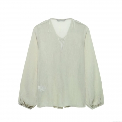 Women Layered Ruffle Blouse Elegant Polyester V Neck Tie Front Lantern Sleeve Pleated Semi-Transparent Shirt Sage Green Casual Party Tops for Women