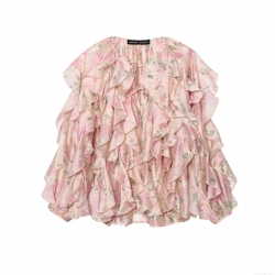 Women's Pink Floral Chiffon Blouse Elegant Multi Layered Ruffle Long Sleeve Shirt Sweet Lace Up Round Neck Casual Party Top For Ladies