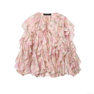 Women's Pink Floral Chiffon Blouse Elegant Multi Layered Ruffle Long Sleeve Shirt Sweet Lace Up Round Neck Casual Party Top For Ladies