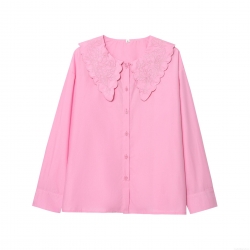 Women's Elegant 100% Polyester Embroidered Large Scalloped Collar Blouse Fashion Casual Loose Long Sleeve Button Down Shirt For Women