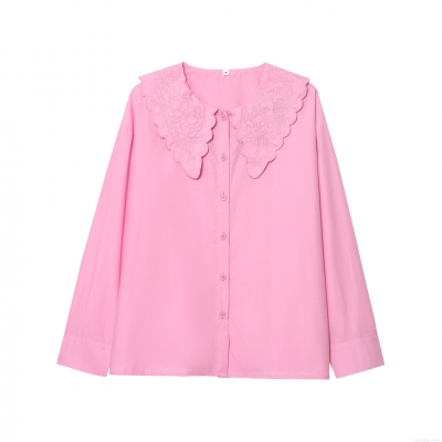 Women's Elegant 100% Polyester Embroidered Large Scalloped Collar Blouse Fashion Casual Loose Long Sleeve Button Down Shirt For Women