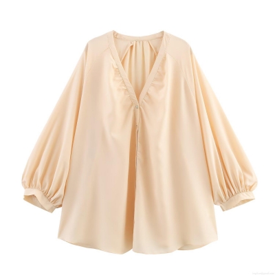 Women's Elegant V-Neck Satin Luster Blouse Oversized Long Sleeve Button Up Shirt For Party Dating Lady Minimalist Polyester Tops