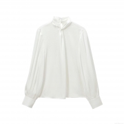 Women Elegant Twist Knot Mock Neck Satin Blouse Long Sleeve Acetate Polyester Solid Color Shirt For Office Party Casual Fashion Tops