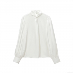 Women Elegant Twist Knot Mock Neck Satin Blouse Long Sleeve Acetate Polyester Solid Color Shirt For Office Party Casual Fashion Tops