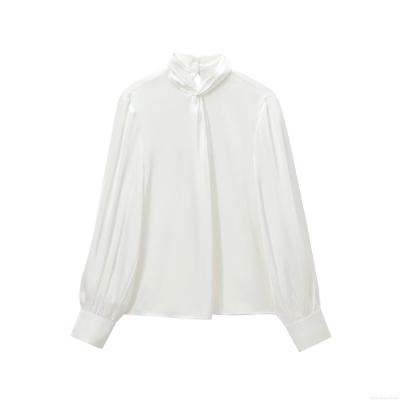 Women Elegant Twist Knot Mock Neck Satin Blouse Long Sleeve Acetate Polyester Solid Color Shirt For Office Party Casual Fashion Tops