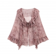 Women's Elegant Snake Skin Print Chiffon Blouse With Ruffle Tie-Neck Long Flared Sleeve Button Down Shirt For Office Daily Ladies