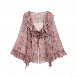 Women's Elegant Snake Skin Print Chiffon Blouse With Ruffle Tie-Neck Long Flared Sleeve Button Down Shirt For Office Daily Ladies