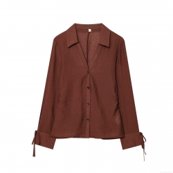 Women's Casual V Neck Single Breasted Long Sleeve Blouse Tencel Polyester Blend Shirt With Tie Cuff Detail And Wrinkled Texture For Office Wear