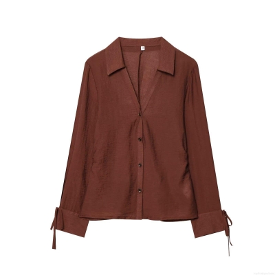 Women's Casual V Neck Single Breasted Long Sleeve Blouse Tencel Polyester Blend Shirt With Tie Cuff Detail And Wrinkled Texture For Office Wear