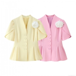 Women's Short Sleeve Blazer Top With 3D Flower Decoration V Neck Slim Fit Waist Polyester Fashion Blouse For Summer Spring Office Daily Streetwear Lady Elegant