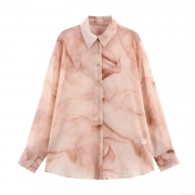 Women's Long Sleeve Button Down Shirt Chiffon Marble Print Blouse Casual Lapel Top Fashion Tie-Dye Smock for Daily Work Streetwear Women Clothing